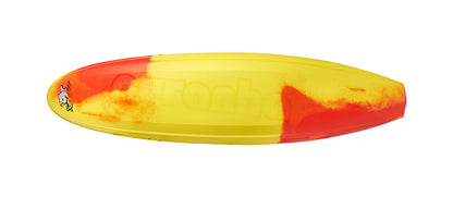 A yellow Pyranha ReactR surfboard features red accents on one end and a cartoon logo on the left, viewed from above—its bold design echoing the vibrant energy of Pyranha's ReactR kayak.