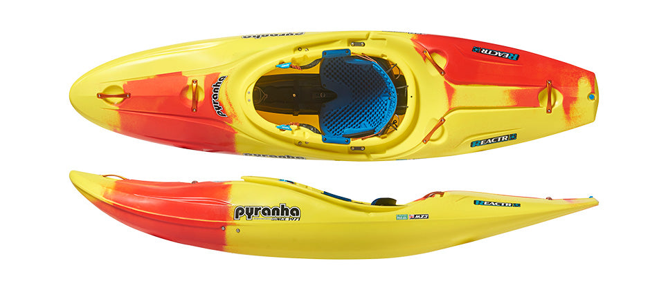 A yellow and red Pyranha ReactR creek boat is displayed in top and side views, highlighting its cockpit, seat, and streamlined design for whitewater kayaking.