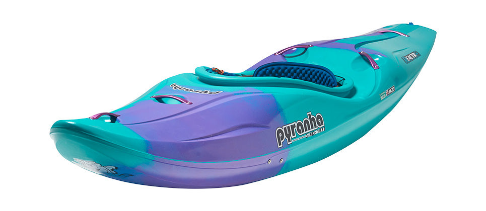 The Pyranha ReactR is a turquoise and purple creek boat featuring a molded seat and footrests, displayed from a front-side angle on a white background—perfect for whitewater kayaking.