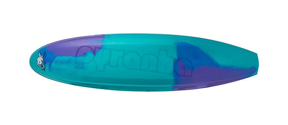 A top-down view of the Pyranha ReactR creek boat in blue and purple, featuring the brand name—ideal for exciting whitewater kayaking.