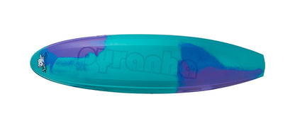 A top-down view of the Pyranha ReactR creek boat in blue and purple, featuring the brand name—ideal for exciting whitewater kayaking.