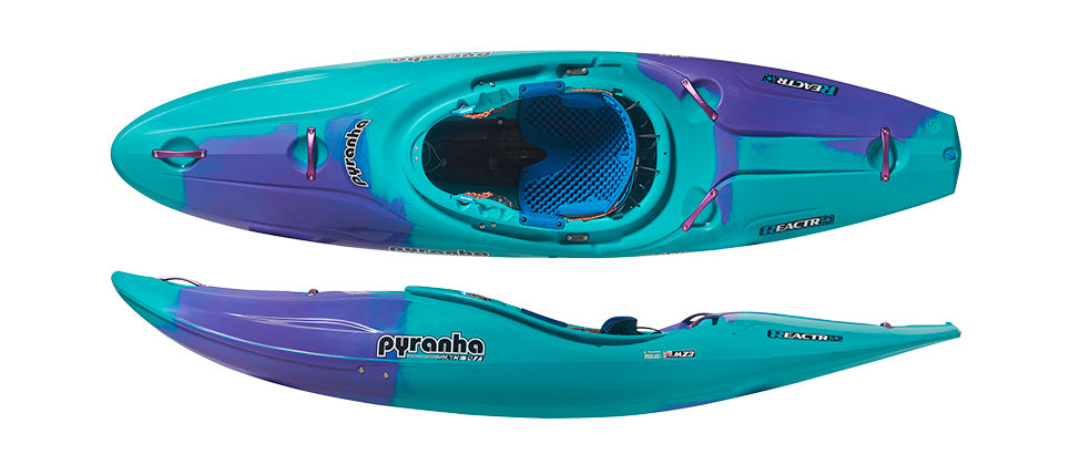 Two views of the Pyranha ReactR kayak: the top view displays the cockpit and interior, while the side view reveals this creek boat’s unique profile—ideal for whitewater adventures.
