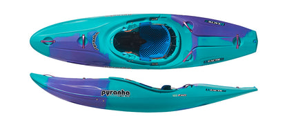 Two views of the Pyranha ReactR kayak: the top view displays the cockpit and interior, while the side view reveals this creek boat’s unique profile—ideal for whitewater adventures.