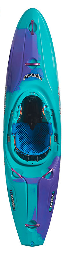 A top-down view of the Pyranha ReactR whitewater kayak in blue and purple, featuring Elite Outfitting with a contoured seat and multiple grab handles.