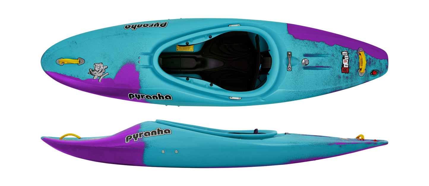 A Pyranha Rebel kayak designed with blue and purple for exciting river adventures.