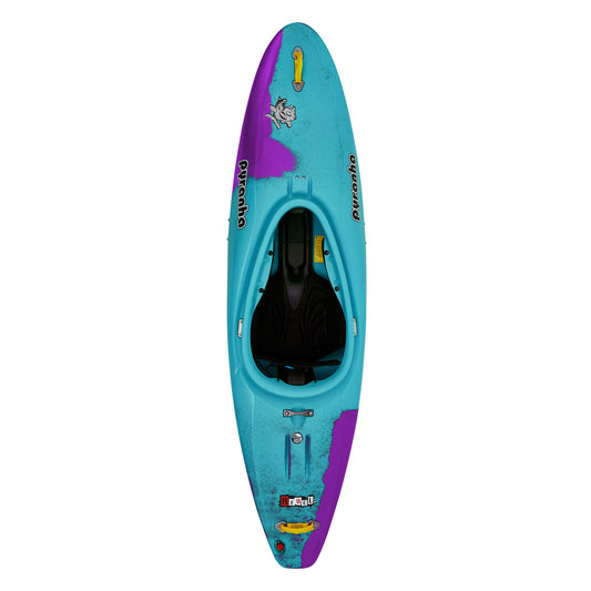 A blue and purple Pyranha Rebel Youth Whitewater Kayak on a white background.