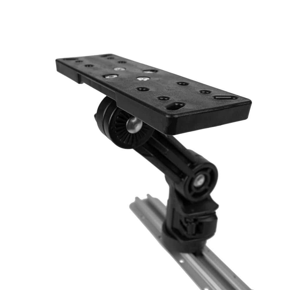 The YakAttack Fish Finder Mounts feature an adjustable black bracket on a metal rail, compatible with kayak track systems, shown against a white background.
