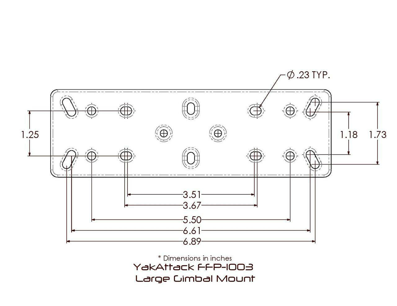 Technical drawing of YakAttack Fish Finder Mounts showing dimensions in inches, hole placements, and labeled measurements for compatibility with kayak track systems and the LockNLoad mounting system.