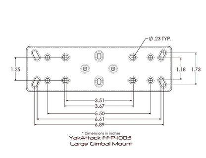 Technical drawing of YakAttack Fish Finder Mounts showing dimensions in inches, hole placements, and labeled measurements for compatibility with kayak track systems and the LockNLoad mounting system.