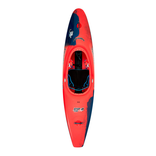 Top view of the Pyranha Rip-R Evo-2 F kayak in red and navy, with a black seat and blue trim. "Pyranha" branding and model name on hull. Designed for Extreme Slalom and Olympic-level performance.
