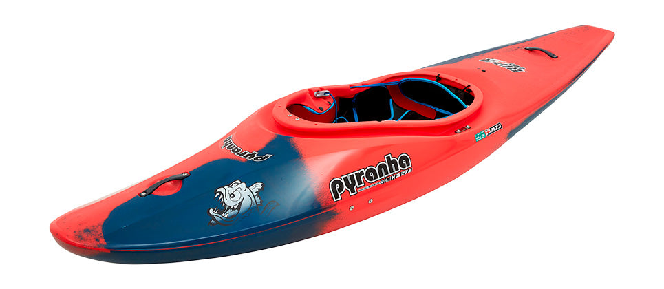 The Pyranha Rip-R Evo-2 F features a red and blue design with a black seat, blue interior, and a front fish graphic—perfect for high performance in Kayak Cross or Olympic events.