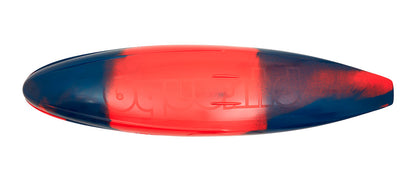 The Pyranha Rip-R Evo-2 F surfboard features a red and navy blue gradient design, seen from above with three fin slots and a glossy finish—evoking the bold style of Olympic kayak and Extreme Slalom competitions.