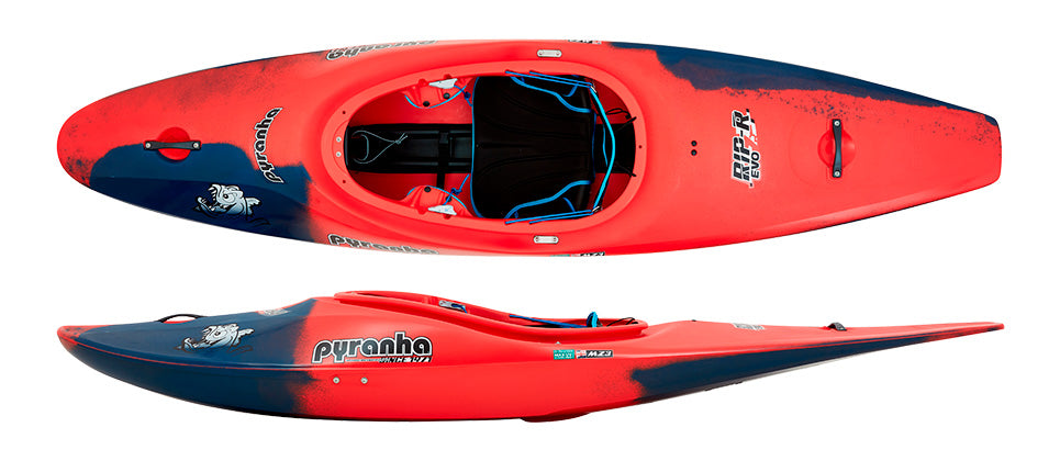 The Pyranha Rip-R Evo-2 F kayak in red and blue is shown from top and side views, highlighting its cockpit with seat and footbrace, pointed bow and stern—perfect as an Extreme Slalom kayak for Kayak Cross racing.