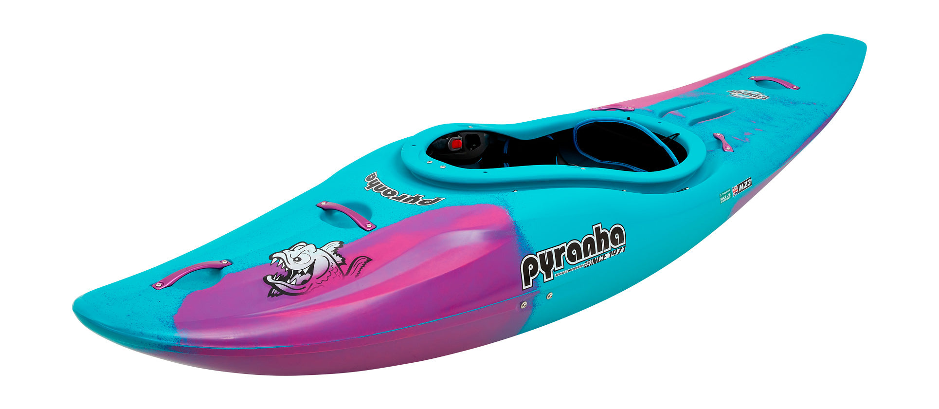 A blue and pink Pyranha Ripper 2 kayak is ideal for river running.
