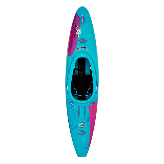 A blue and pink Pyranha Ripper 2 kayak on a white background.