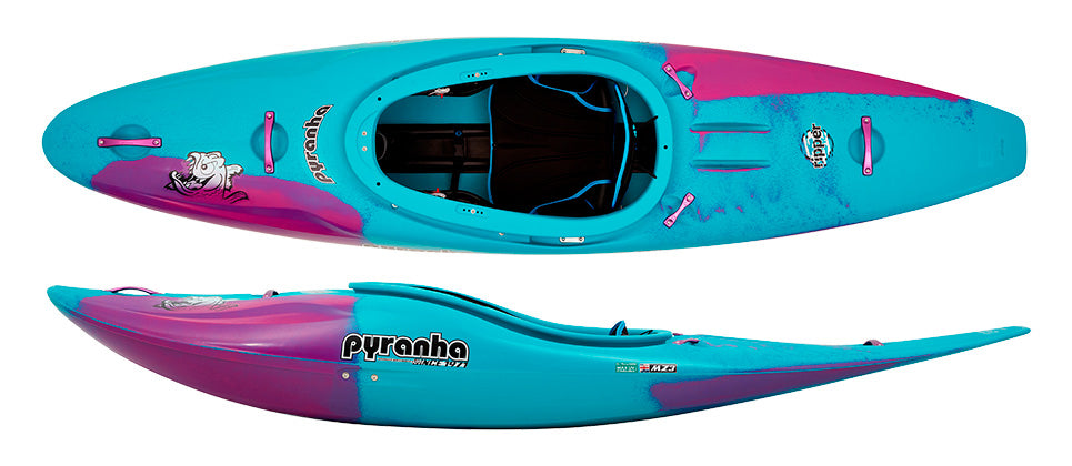A Ripper 2 kayak with a unique design featuring a pink and blue color scheme. (Brand Name: Pyranha)