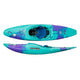 The Pyranha Ripper 2 river running play kayak, shown in turquoise and purple from top and side views, features a seat, foot braces, increased bow rocker, and visible Pyranha branding.