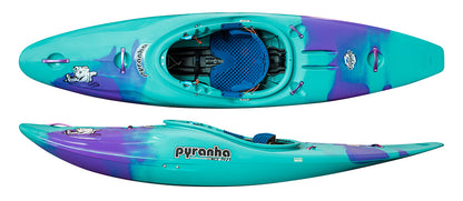 The Pyranha Ripper 2 river running play kayak, shown in turquoise and purple from top and side views, features a seat, foot braces, increased bow rocker, and visible Pyranha branding.