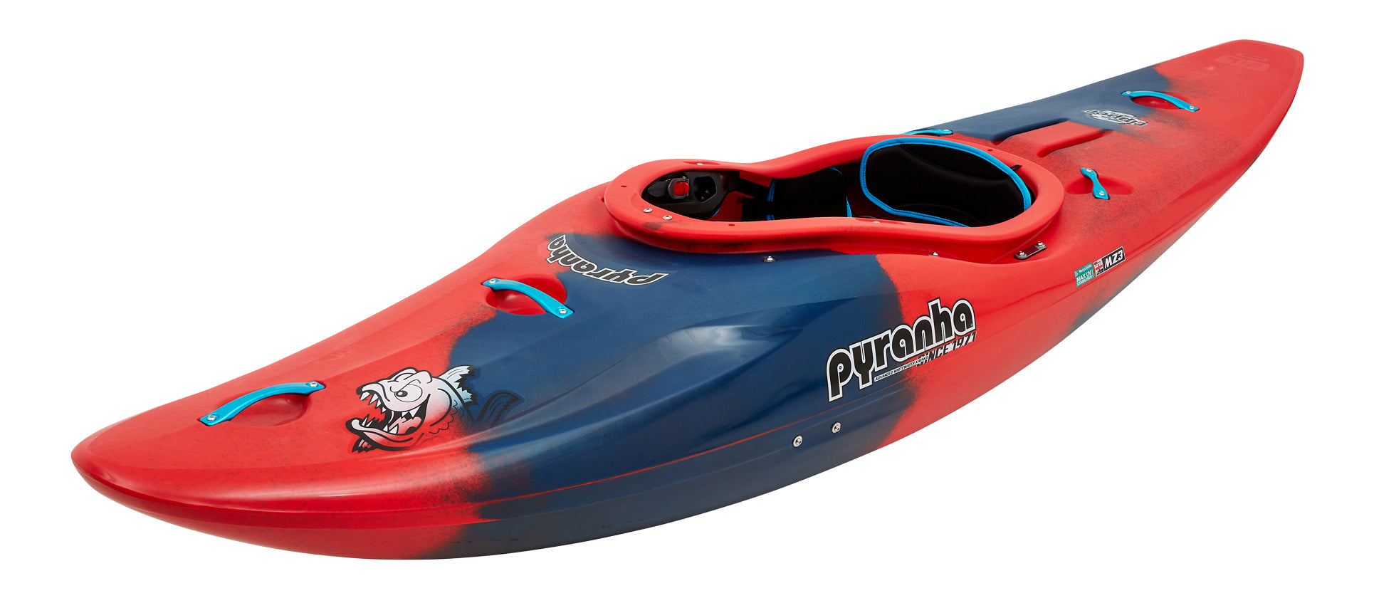 A Pyranha Ripper 2 kayak with a blue and red design is ideal for river running enthusiasts.