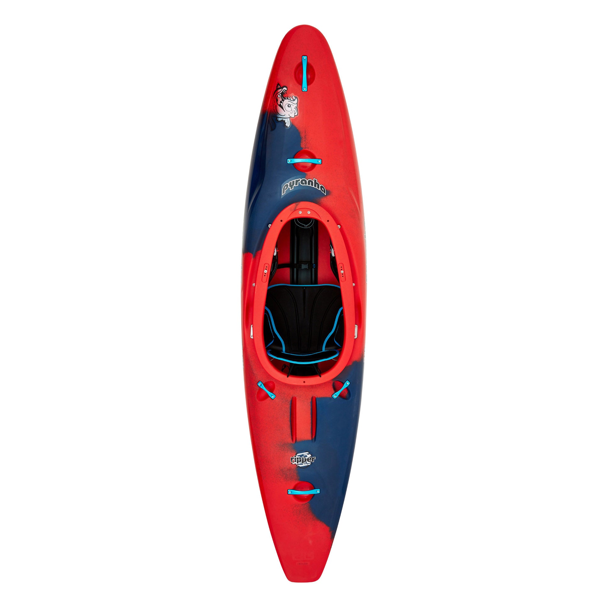 A red Pyranha Ripper 2 kayak with rocker on a white background.