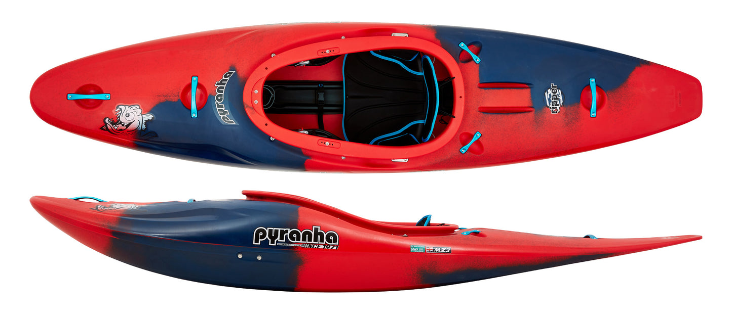 A Pyranha Ripper 2 river running kayak with a red and blue design.