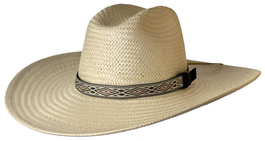 Wide-brimmed straw cowboy hat with a Riverz Utah Hat with Techstraw Comfort band by San Francisco Hat Company isolated on a white background.