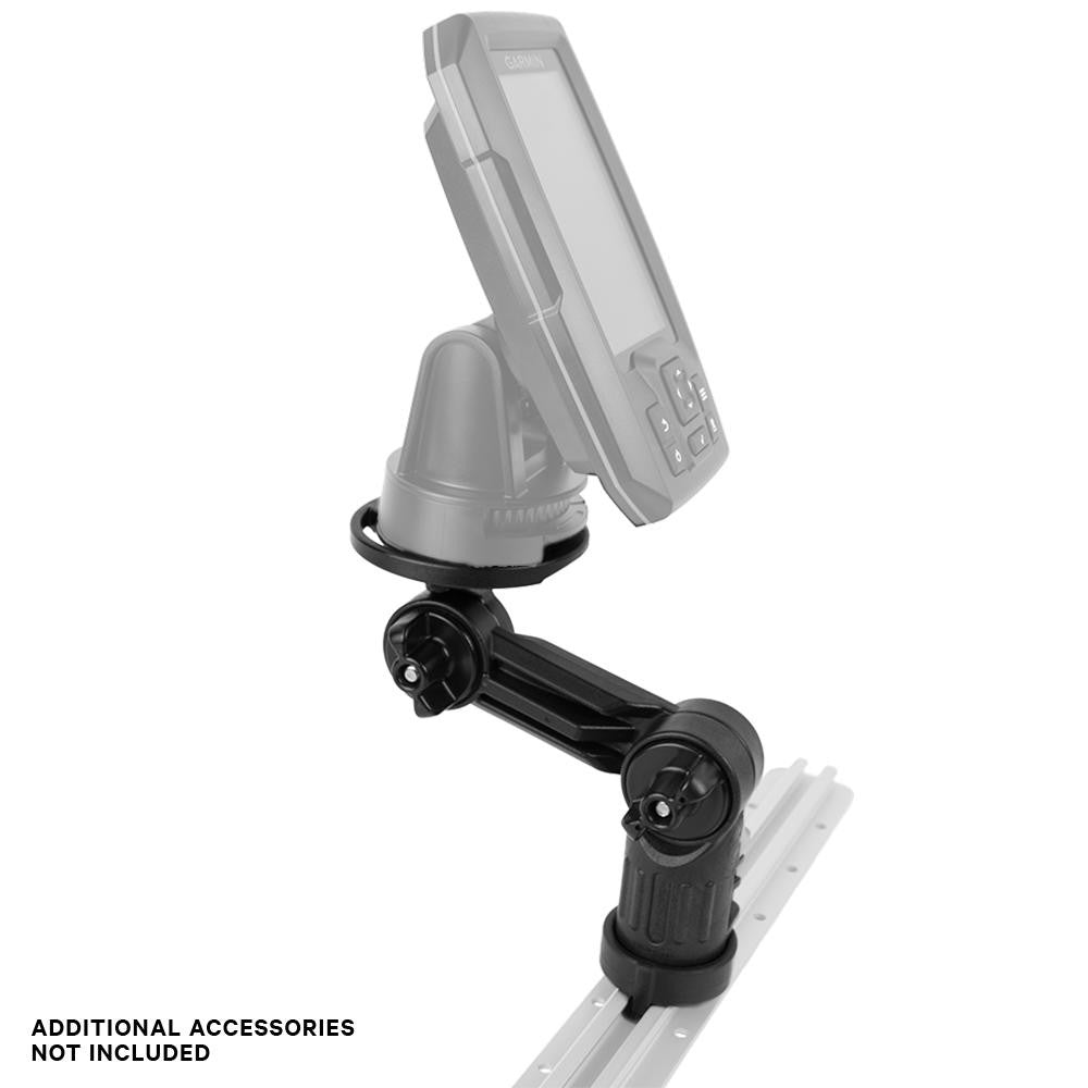 The YakAttack Fish Finder Mounts feature adjustable joints to hold your electronic device on a rail and are compatible with kayak track systems. Text at the bottom states, "Additional accessories not included.