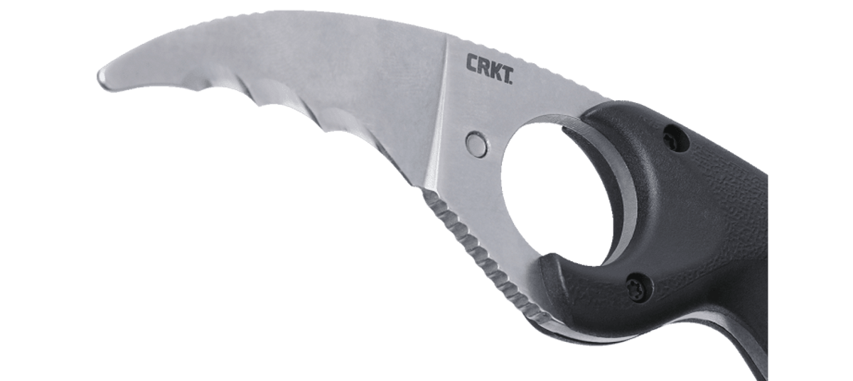 The CRKT Bear Claw Knife, a fixed blade knife with a black handle, is showcased against a sleek black background.