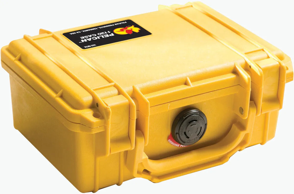 A yellow Pelican 1120 case on a white background.