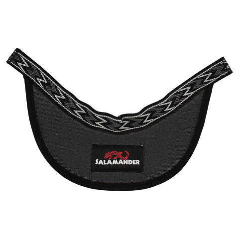 The Beak Helmet Visor by Salamander is a black, crescent-shaped padded cover made from closed-cell foam, featuring a zigzag-patterned strap and a red salamander logo for style and protection.