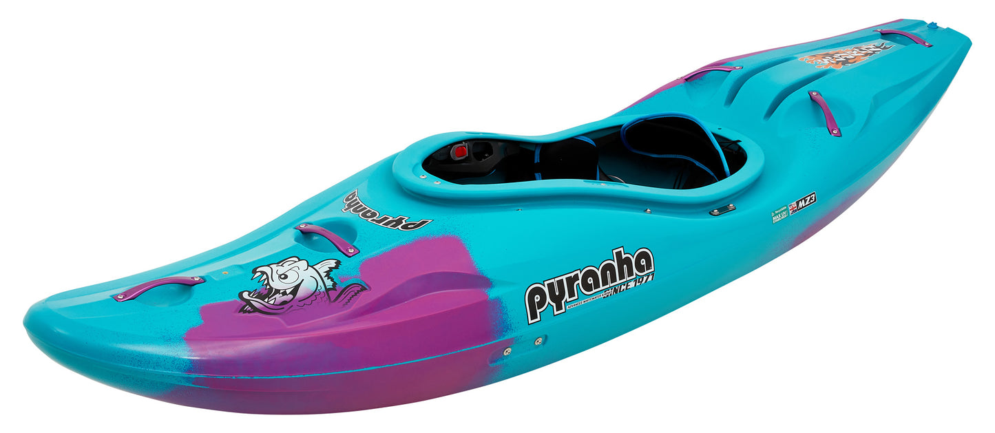 A blue and purple Pyranha Scorch whitewater kayak on a white background.