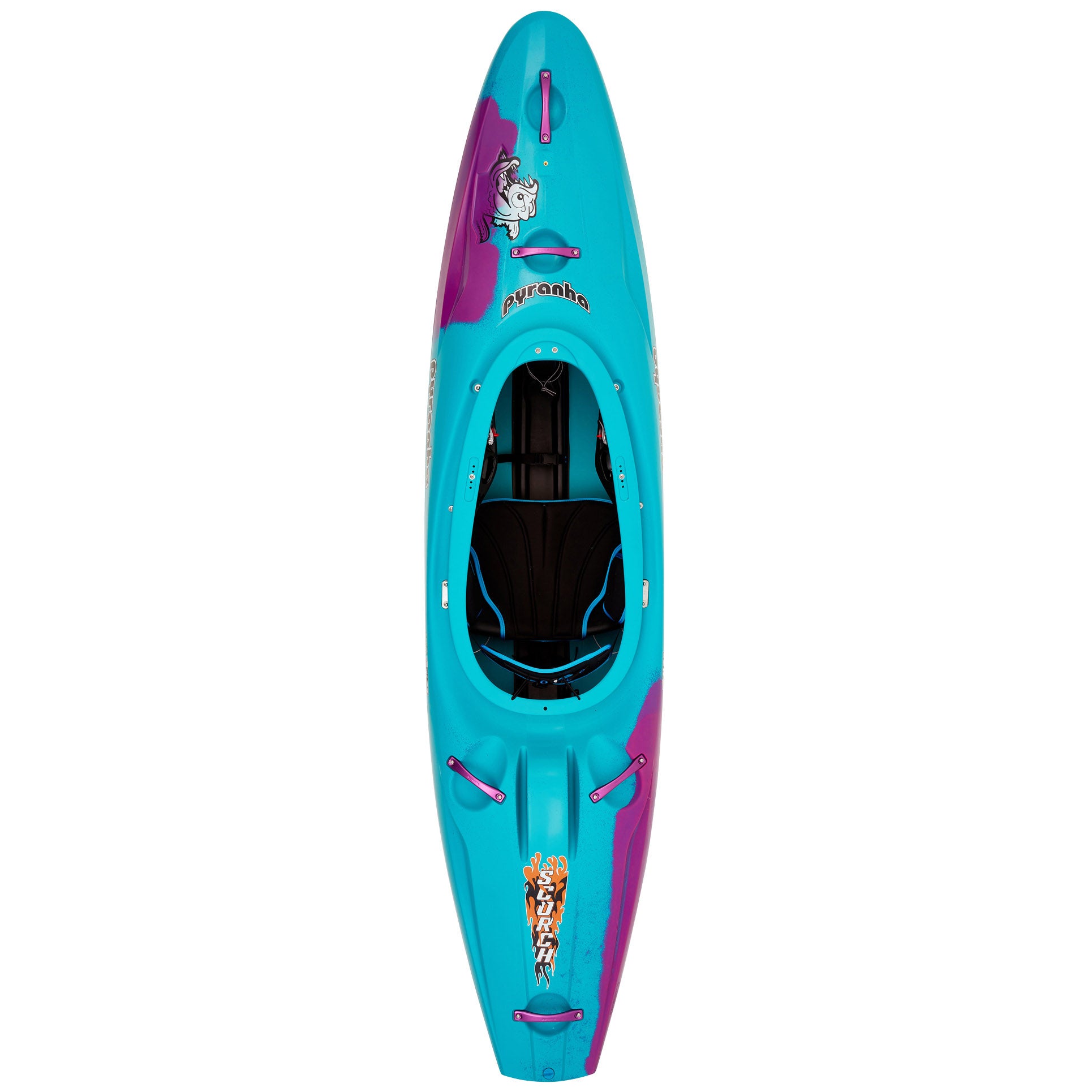 A blue and purple Pyranha Scorch Kayak on a white background.