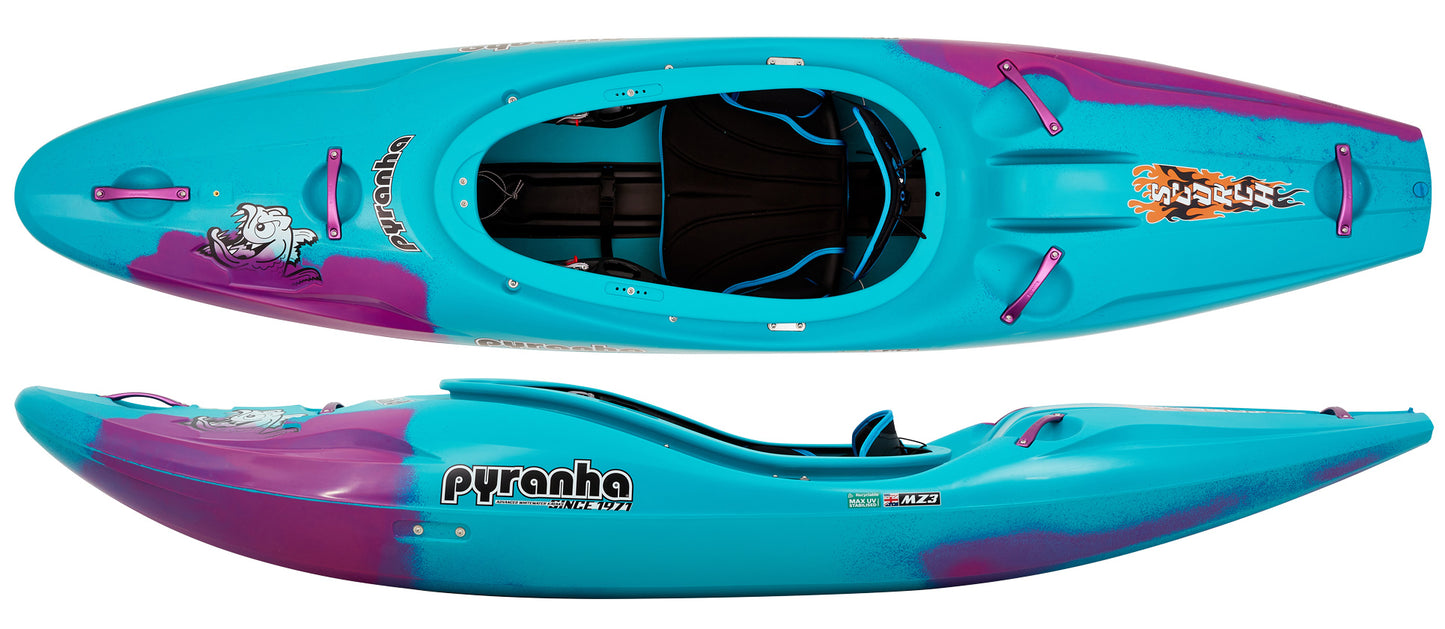A blue and purple Scorch kayak with a unique design featuring a hybrid rocker profile by Pyranha.
