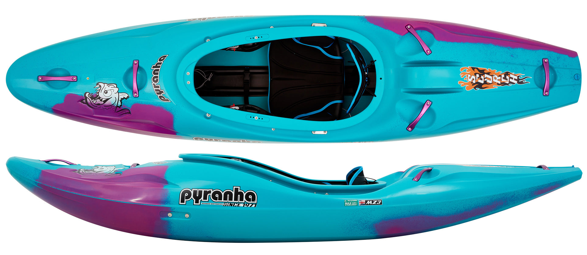 A blue and purple Scorch kayak with a unique design featuring a hybrid rocker profile by Pyranha.