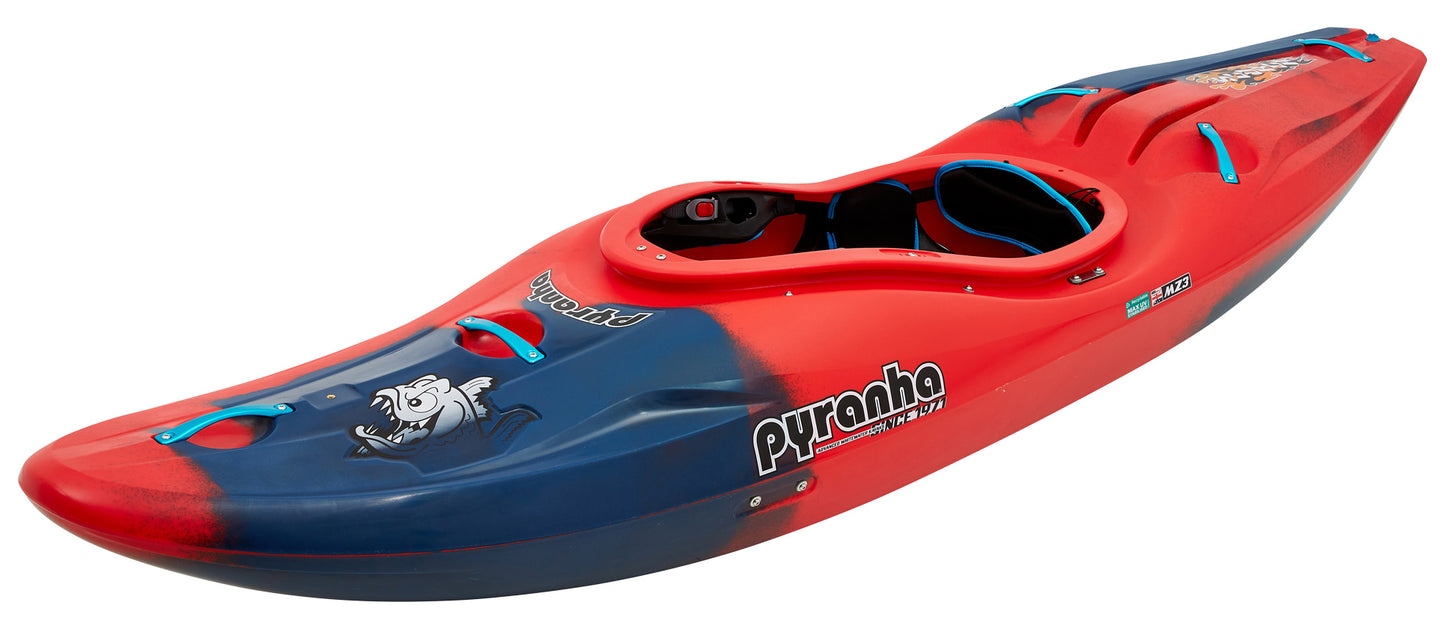 A red and blue Pyranha Scorch whitewater kayak on a white background.