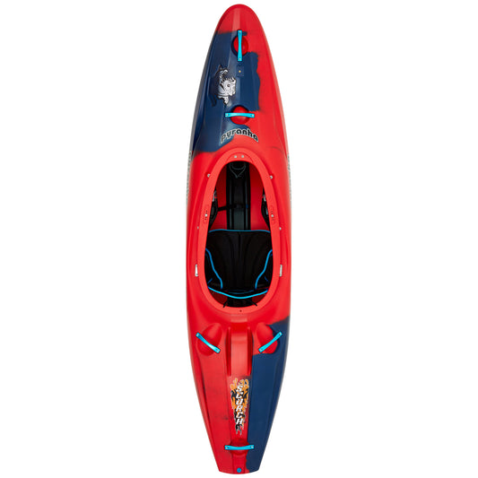 A red and blue Scorch kayak with a planing hull on a white background by Pyranha.