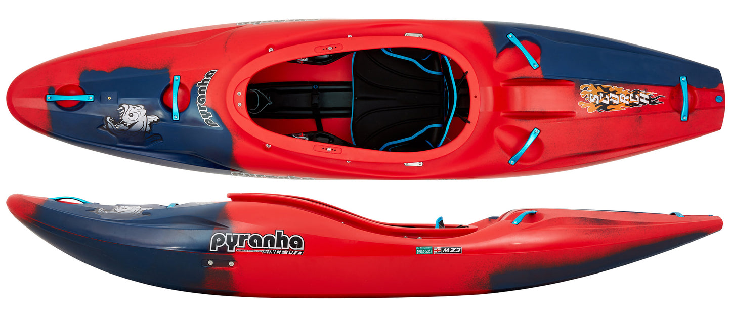 A Pyranha Scorch kayak featuring a red and blue design.