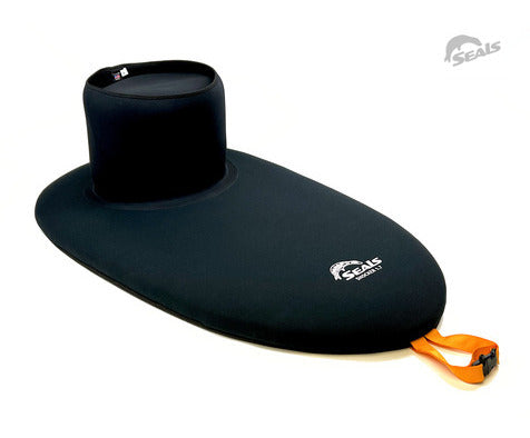 The Seals Demo Shocker Skirt is a quality black neoprene spray skirt from our demo fleet, featuring a raised tunnel, orange pull strap, and Seals logo—ideal for those seeking top used gear.