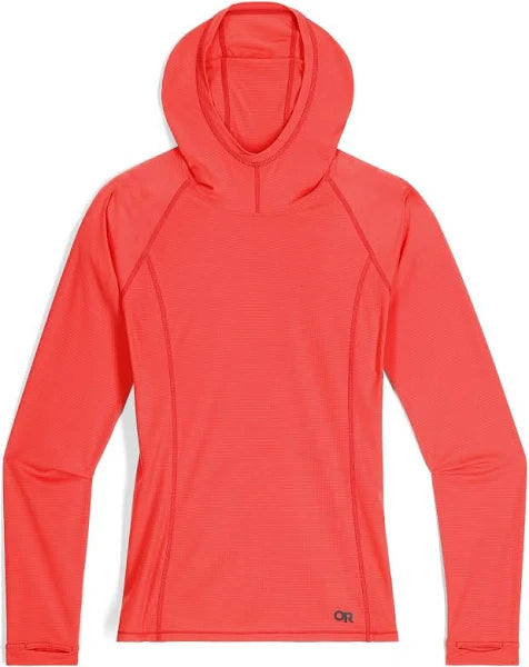 The Outdoor Research Echo Hoodie - Women's is a long-sleeve, coral-colored ultralight base layer with visible seams, shown laid flat on a white background—ideal for active days.