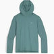 The Outdoor Research Active Ice Spectrum Sun Hoodie for men, in teal and long-sleeved with UPF 50+ protection, is laid flat on a white background.