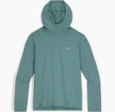 The Outdoor Research Active Ice Spectrum Sun Hoodie for men, in teal and long-sleeved with UPF 50+ protection, is laid flat on a white background.