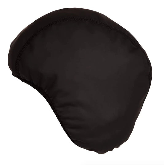 The Kokatat SurfSkin Skull Cap is a black, strapless swim cap with a smooth, slightly shiny finish and curved edges, designed to keep your head warm. Shown here on a plain white background.