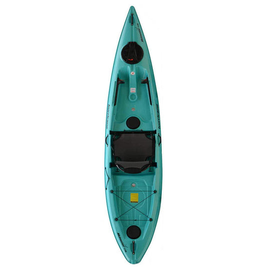 Top view of a Skimmer 116 1st Class sit-on-top kayak by Hurricane Kayaks, showcasing a teal touring-style hull, seat, storage compartments, and footrests.