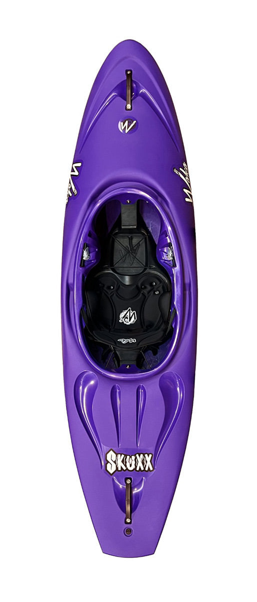 Top view of the Puffy Skuxx kayak by Waka Kayaks, showcasing a black seat and white "SKUXX" branding—perfect for down-river freestyle paddling.