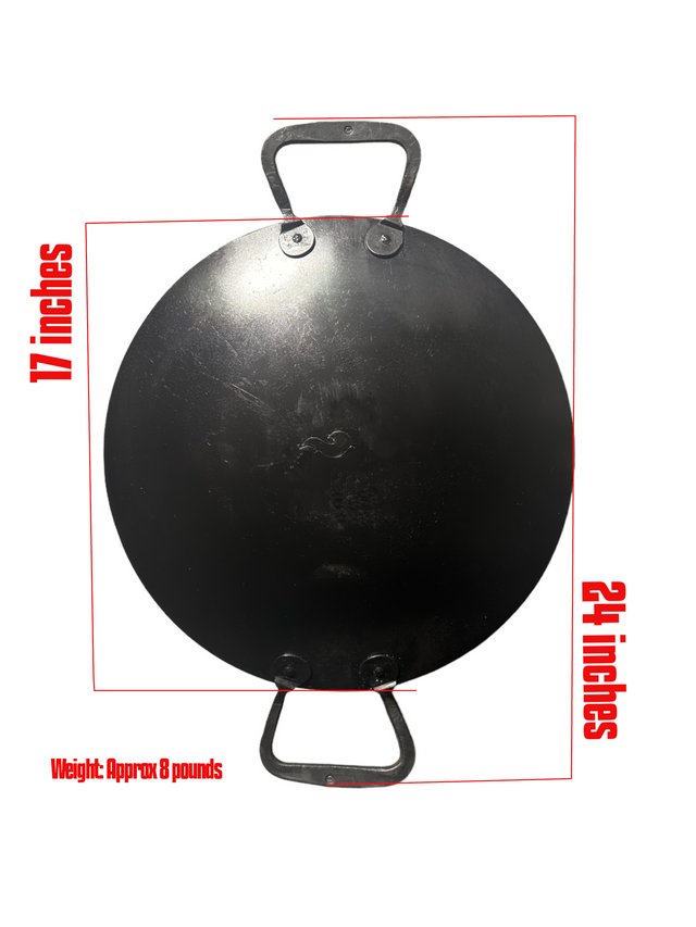 The LavaBox SWOK Discada Combo is a round black carbon steel skillet with two handles, 17" in diameter and 24" long, weighing about 8 lbs—perfect outdoor cookware for campfire cooking adventures.