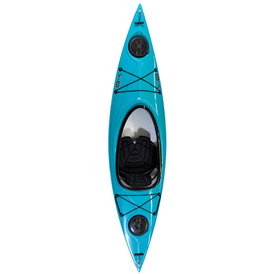 The Eddyline Sky 100 is a blue recreational kayak with a black seat, front and rear storage hatches, and bungee cords, shown from above on a white background.