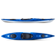 A side and top view of the Hurricane Kayaks Sojourn 136 Rudder Ready kayak in blue and white, highlighting storage hatches, deck bungees, a cockpit with seat, and a rudder-ready design.