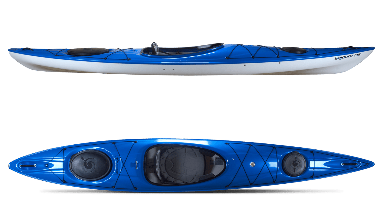 A side and top view of the Hurricane Kayaks Sojourn 136 Rudder Ready kayak in blue and white, highlighting storage hatches, deck bungees, a cockpit with seat, and a rudder-ready design.