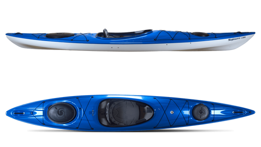 A side and top view of the Hurricane Kayaks Sojourn 136 Rudder Ready kayak in blue and white, highlighting storage hatches, deck bungees, a cockpit with seat, and a rudder-ready design.