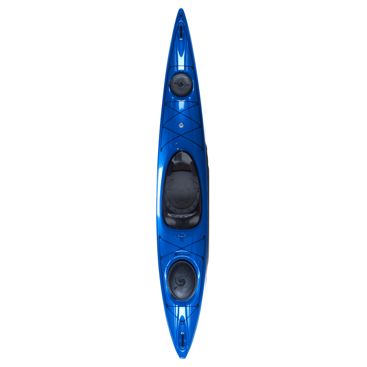 Top-down view of the Hurricane Kayaks Sojourn 136 Rudder Ready, a blue touring kayak featuring two storage hatches and a central cockpit, set against a white background.